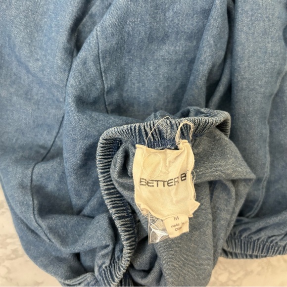 Better Be Jean 3/4 Sleeve Crop Top Women’s M Denim Raw Hem Elastic Chest F1 - Picture 4 of 5